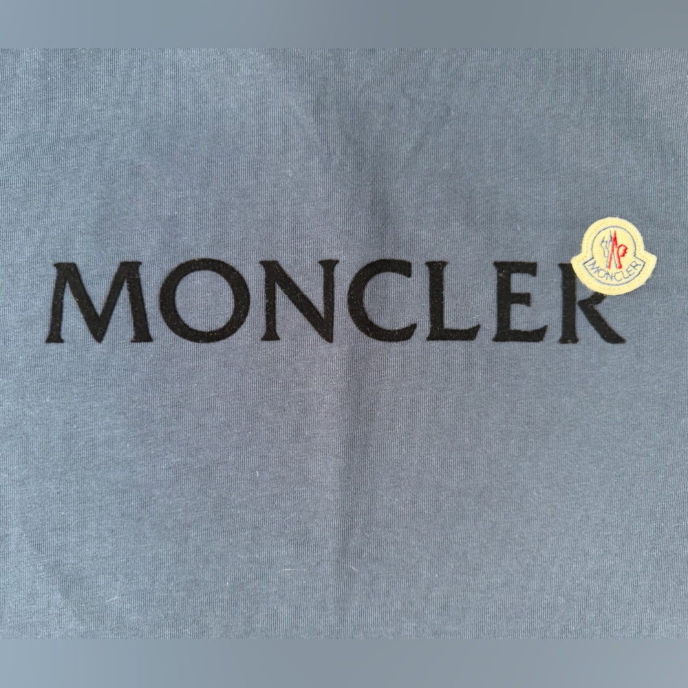 Moncler Men's Navy Blue Flocked Logo T-Shirt — Luxury Designer Tee - Picture 4 of 5